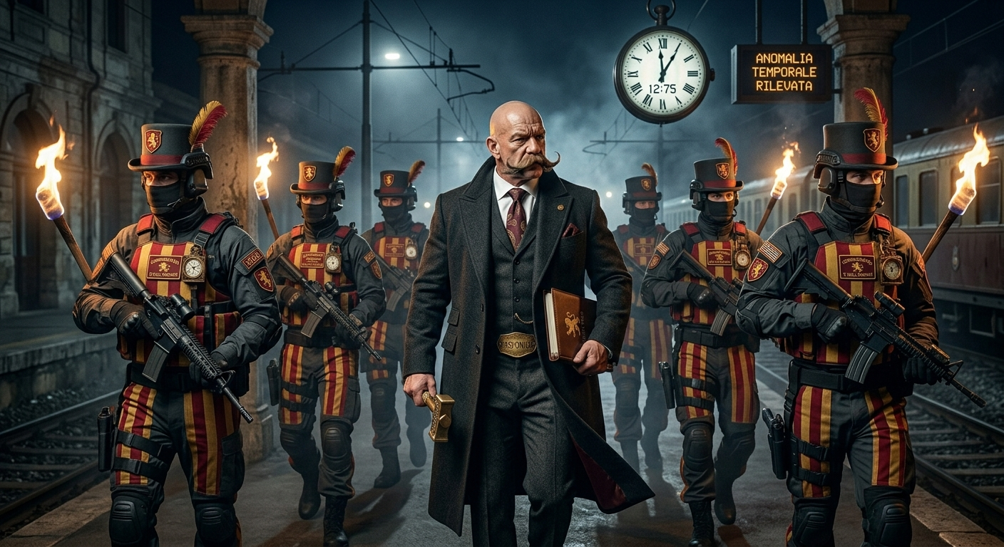 Rasponius e la sua guardia in una stazione notturna, di fronte a un orologio che segna le 12:75 e un cartello di anomalia temporale rilevata