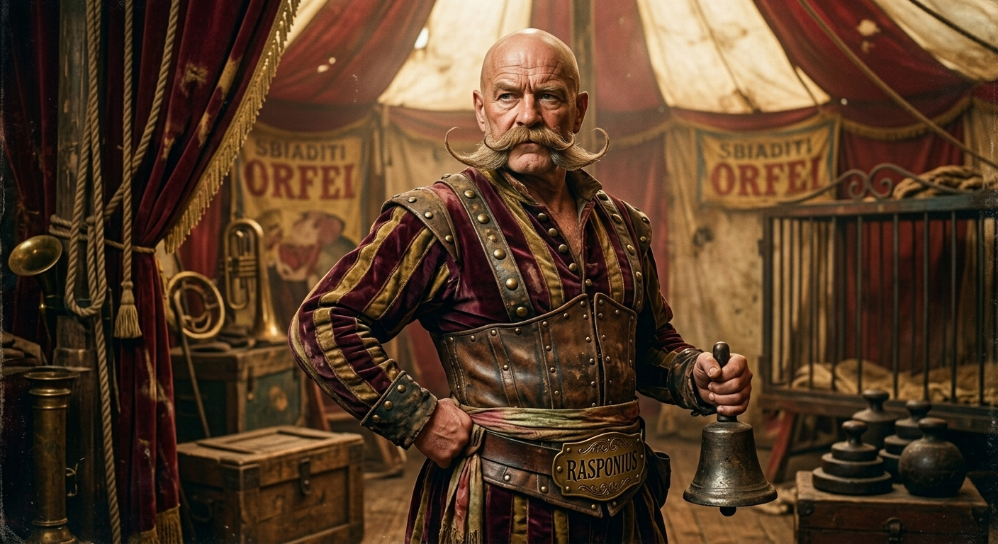 Rasponius in costume da circo, sotto il tendone degli Sbiaditi Orfei